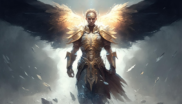 Epic archangel warrior knight paladin in heaven with armor and wings angel fantasy Generative ai