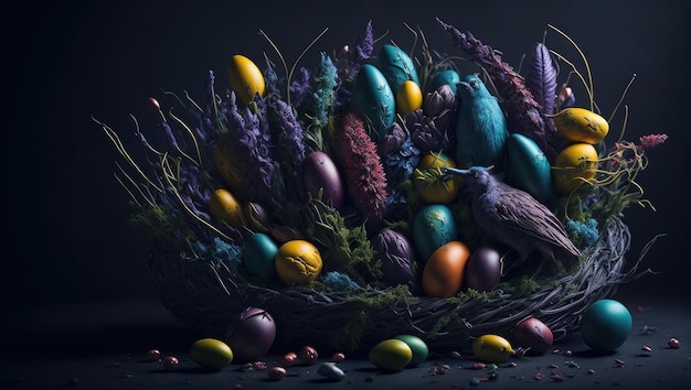 Epic artwork of colourful easter eggs in nest with bird on dark background generative ai