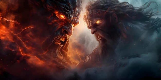 Epic battle between gods and titans with fire and smoke Concept Fantasy Mythology Fight Scene Gods Titans