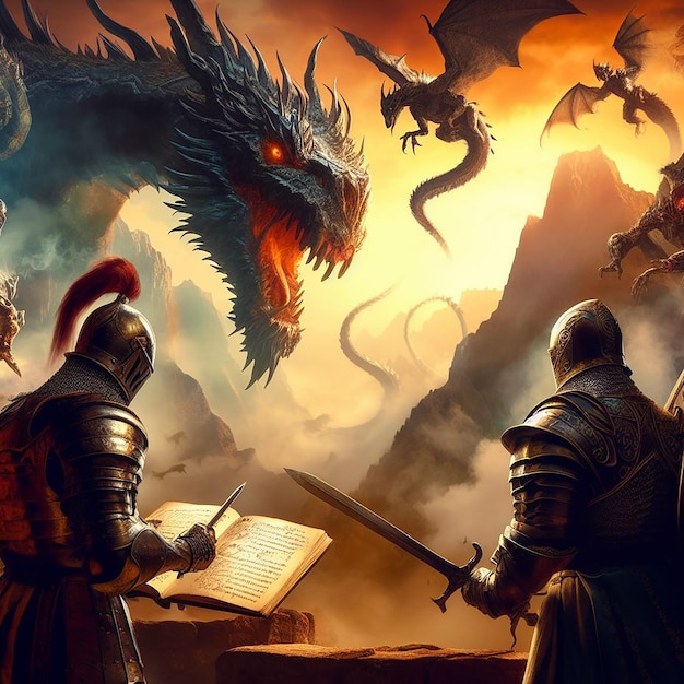 an epic battle between knights and mythical creatures in a medieval fantasy setting