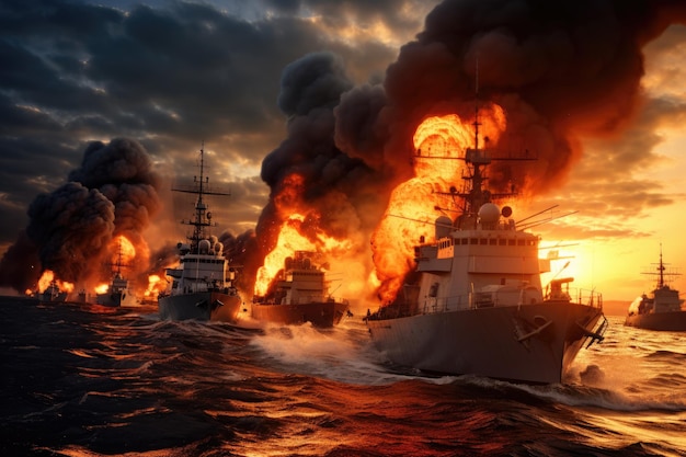 Epic battle of large naval ships on the open sea