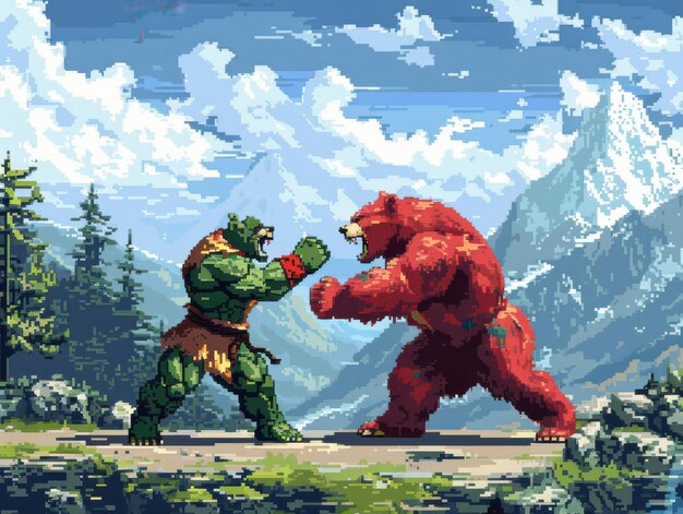 Photo epic battle between legendary green creature and fierce red bear in majestic mountain landscape