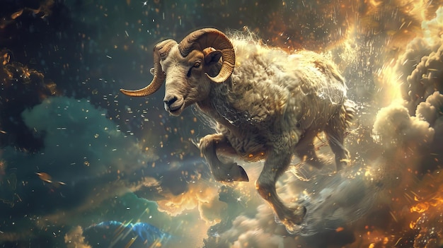 Epic digital artwork of a ram leaping through a cosmic background blending fantasy and surreal elements evoking a sense of power and majesty