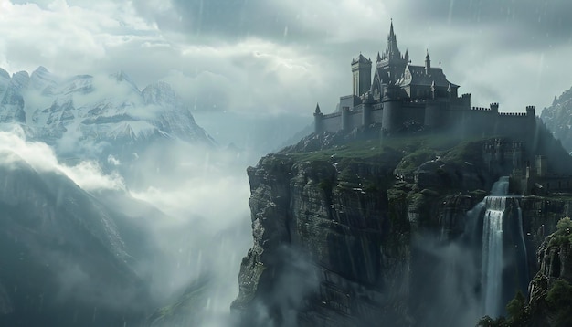 Epic fantasy castle on a cliff overlooking misty mountains