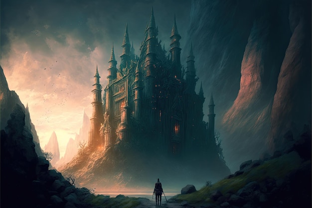 Photo an epic fantasy illustration featuring a giant castle beautiful magic mysterious tale generative ai