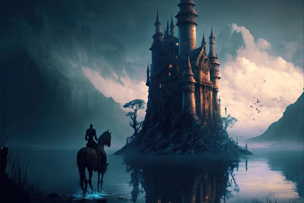 Photo an epic fantasy illustration featuring a giant castle beautiful magic mysterious tale generative ai