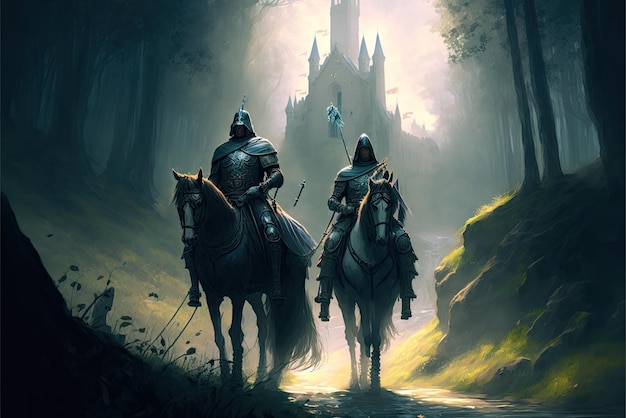 Photo an epic fantasy illustration featuring two knights on a quest beautiful magic mysterious tale generative ai