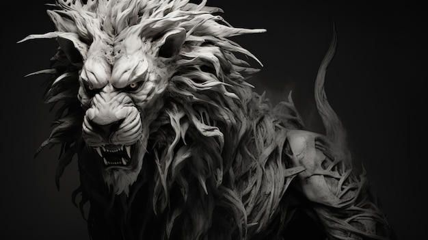 Epic Fantasy Withered Lion Human Hybrid In Black And White