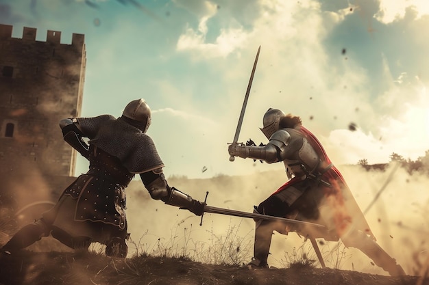 Photo epic fight of two medieval knights fighting against castle generative ai