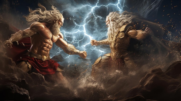 Epic gods vs Titans battle Zeus wields thunderbolts Poseidon summons waves