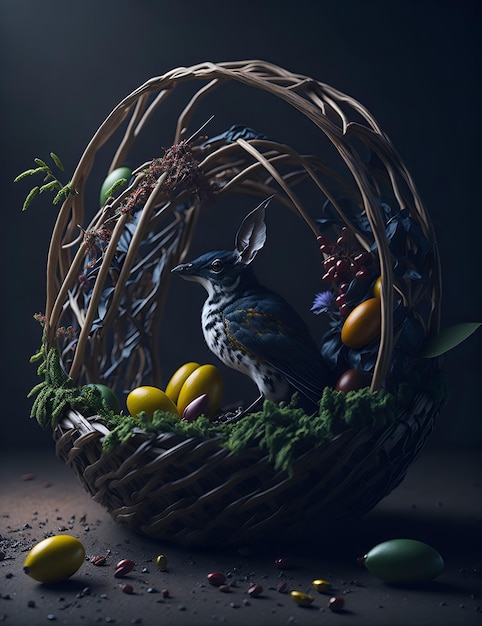 Epic illustration of colourful easter eggs in nest with bird on dark background generative ai