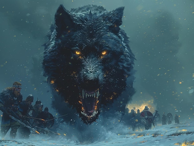 Photo epic illustration of a giant ferocious black wolf leading an army through a snowstorm with glowing eyes and mouth wide open