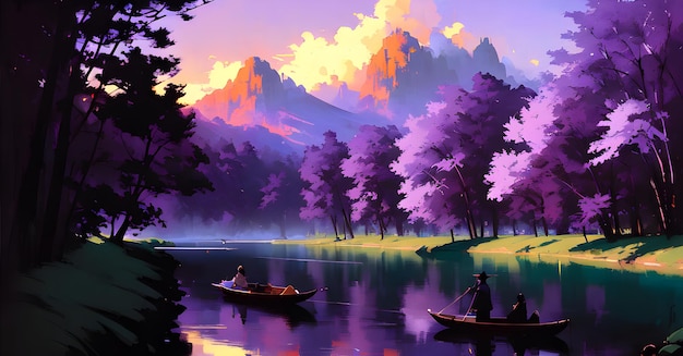 Epic landscape forest water river sunset Digital Illustration Painting Artwork Scenery Backgrounds Generative AI for digital printing canvas art painting wall art article blog post