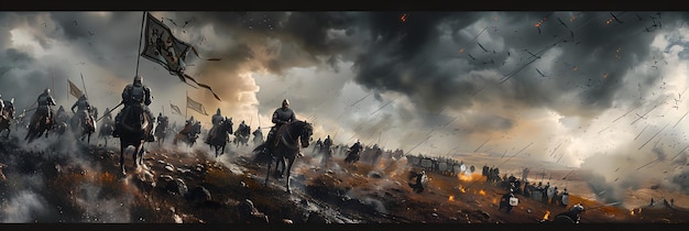 Photo epic medieval battle scene clashing armies under stormy skies with knights archers and soldiers i