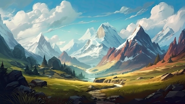 Epic Mountain Adventure in Digital Art Style