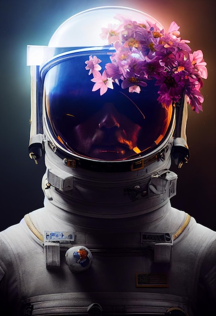 Epic movie portrait illustration cinematic of an astronaut with flowers inside the helmet Conceptual galaxy explorationMan from future video game or movieAI Neural Network Computer Generated Art