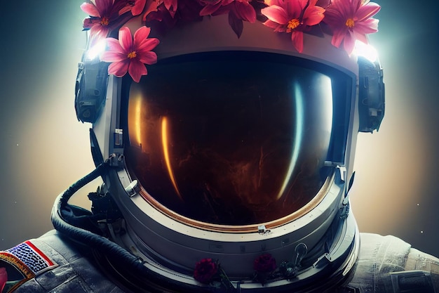 Epic movie portrait illustration cinematic of an astronaut with flowers inside the helmet Conceptual galaxy explorationMan from future video game or movieAI Neural Network Computer Generated Art