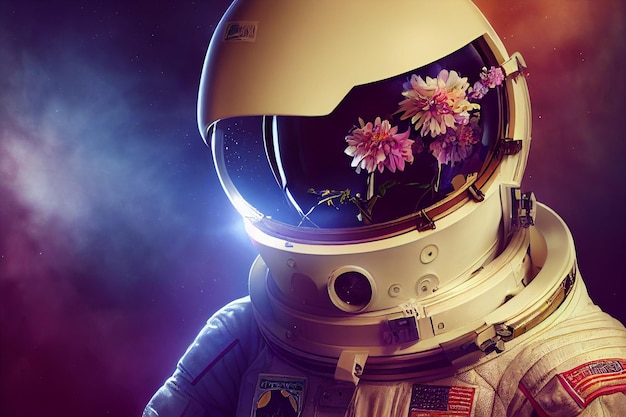 Epic movie portrait illustration cinematic of an astronaut with flowers inside the helmet Conceptual galaxy explorationMan from future video game or movieAI Neural Network Computer Generated Art