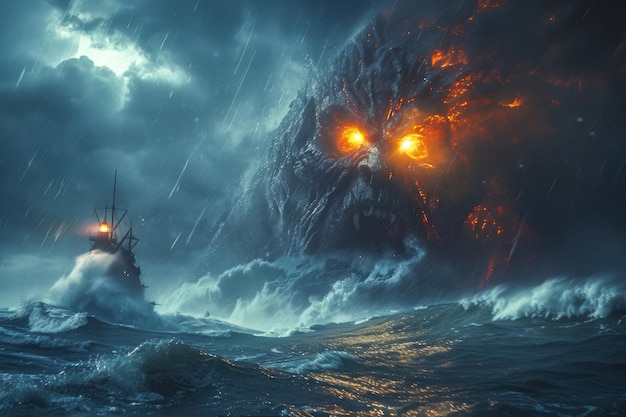 Epic Nautical Drama with Mystical Sea Monster and Stormy Ocean Scene Fantasy Concept Art