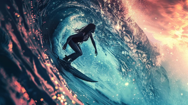 Epic Photo Of A Surfing Woman With Giant Wave Filmic Surf Background With Dramatic Atmosphere