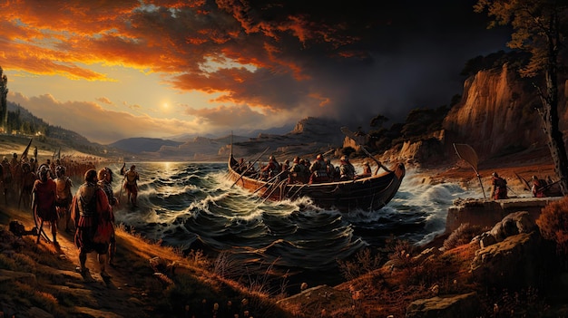 Epic Scene of Ancient Battle at Lake Trasimene with Roman Soldiers and Boats