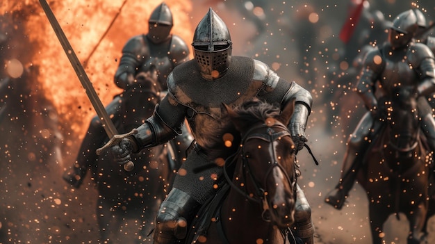 Epic scene of armored knights on horseback charging through flames and smoke on a medieval battlefield