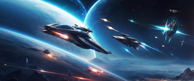 Photo epic sci fi space battle with spaceships and lasers in a futuristic galaxy setting