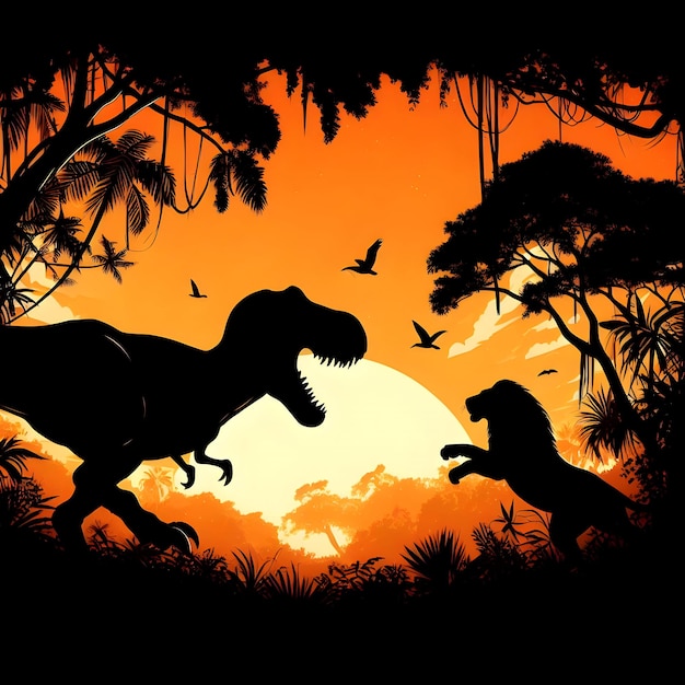 Epic Showdown Gigantic Dinosaur in Pursuit of Majestic Lion