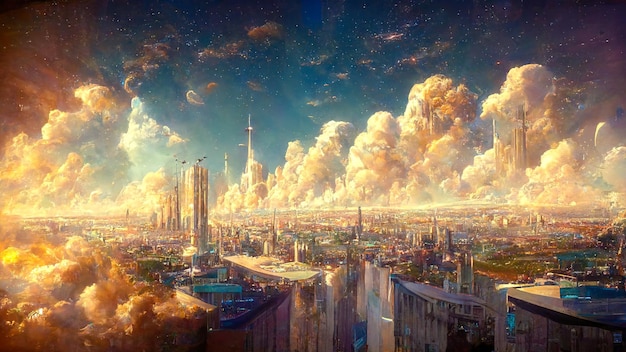 Epic sky clouds over futuristic city