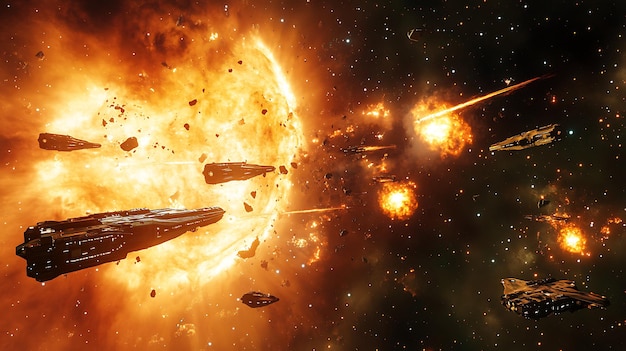 Epic space battle erupts near glowing nebula starship explosion rendered breathtakingly realistic