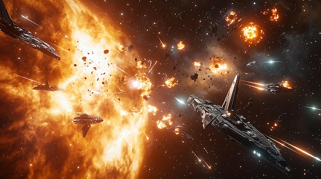 Epic space battle erupts near glowing nebula starship explosion rendered breathtakingly