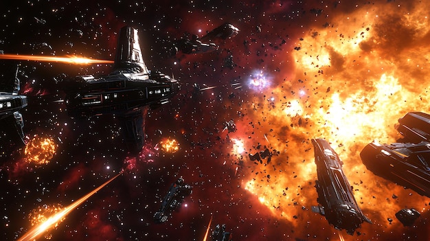 Epic space battle erupts near glowing nebula starship explosion rendered breathtakingly