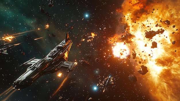 Epic space battle erupts near glowing nebula starship explosion rendered breathtakingly