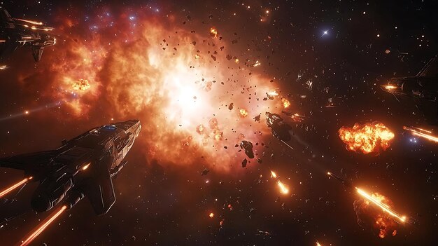 Epic space battle erupts near glowing nebula starship explosion rendered breathtakingly