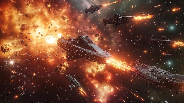 Epic space battle erupts near glowing nebula starship explosion rendered breathtakingly