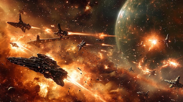 Epic space battle unfolds near gas giant explosion lighting up nebula massive starship clashing