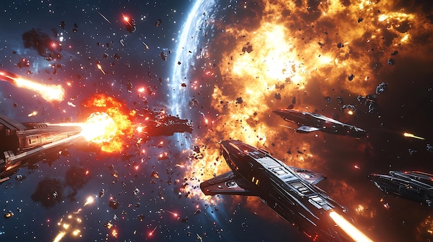 Epic space battle unfolds near massive nebula starship explosion creating breathtaking