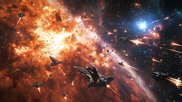 Epic space battle unfolds near massive nebula starship explosion creating breathtakingly realistic