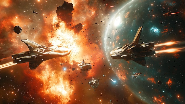 Photo epic space battle unfolds near massive nebula starship explosion creating breathtakingly realistic