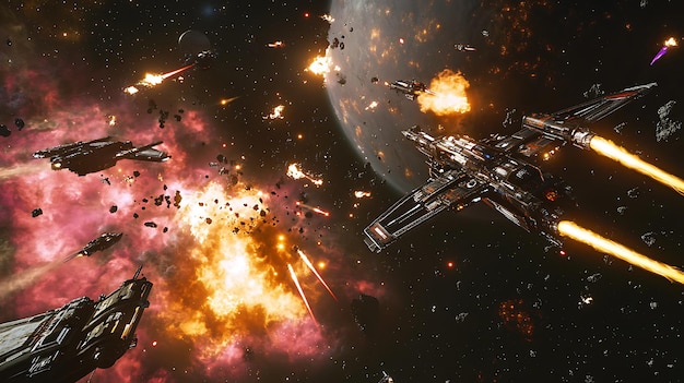 Photo epic space battle unfolds near massive nebula starship explosion creating breathtakingly realistic