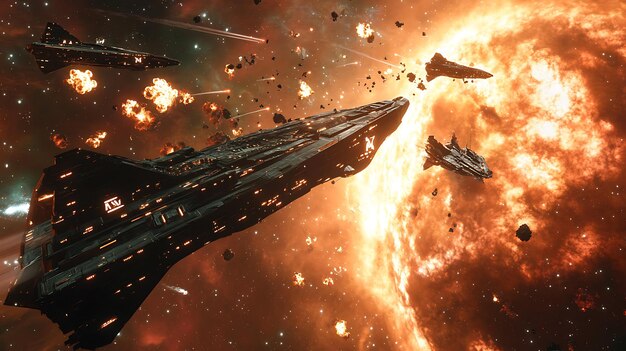 Photo epic space battle unfolds near massive nebula starship explosion creating breathtakingly realistic