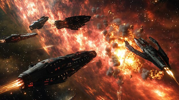 Photo epic space battle unfolds near massive nebula starship explosion creating breathtakingly realistic