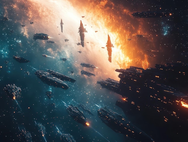 Photo epic space fleet preparing for intergalactic war stars glittering