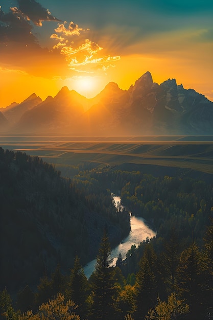 Epic Sunrise Over Majestic Mountain Range with Lush Forest and Winding River