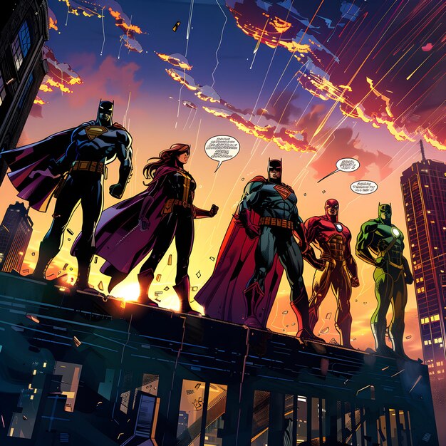 Photo epic sunset showdown superheroes unite on rooftop for dramatic sunset scene in vibrant comic style