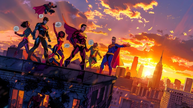 Photo epic sunset showdown superheroes unite on rooftop for dramatic sunset scene in vibrant comic style