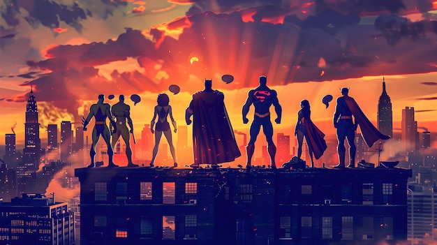 Photo epic sunset showdown superheroes unite on rooftop for dramatic sunset scene in vibrant comic style