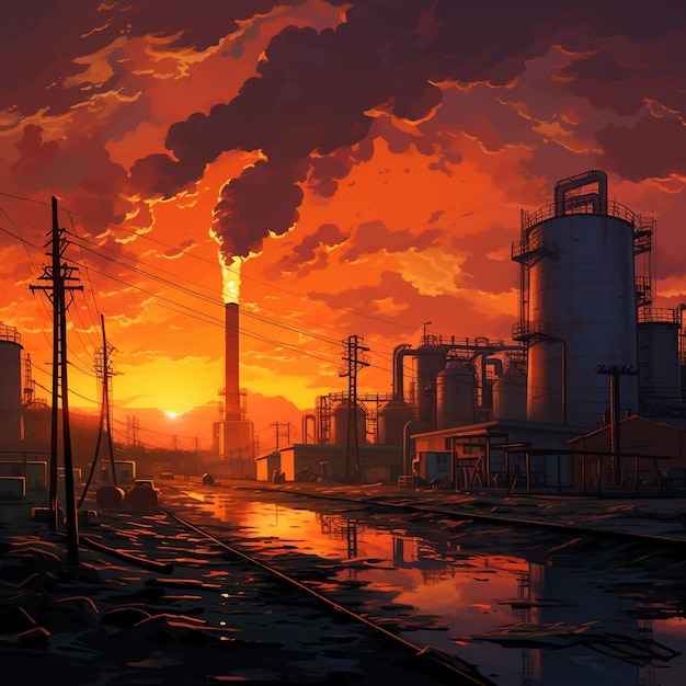 an epic sunset and a smoking factory