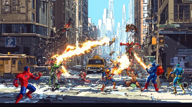 Photo epic superhero battle in the heart of a city