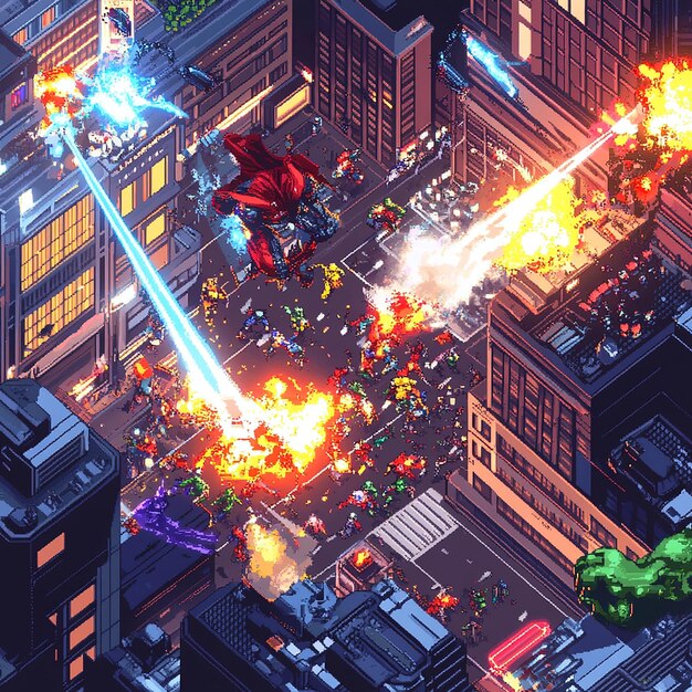 Photo epic superhero battle in the heart of a city